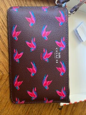 Coach Brown Wristlet with Pink & Blue Bird Print